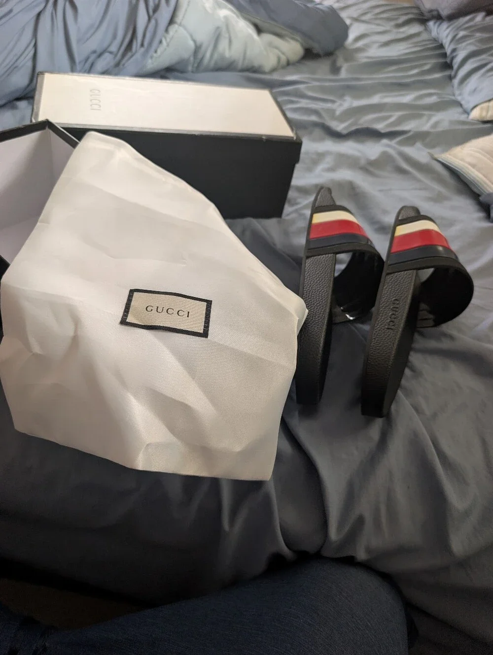 Gucci Men’s Black Slide Sandals with Red White And Blue Stripe